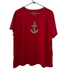 Alfred Dunner Red Short Sleeve Shirt With Anchor Bead Design Womans 1X Cotton Bl